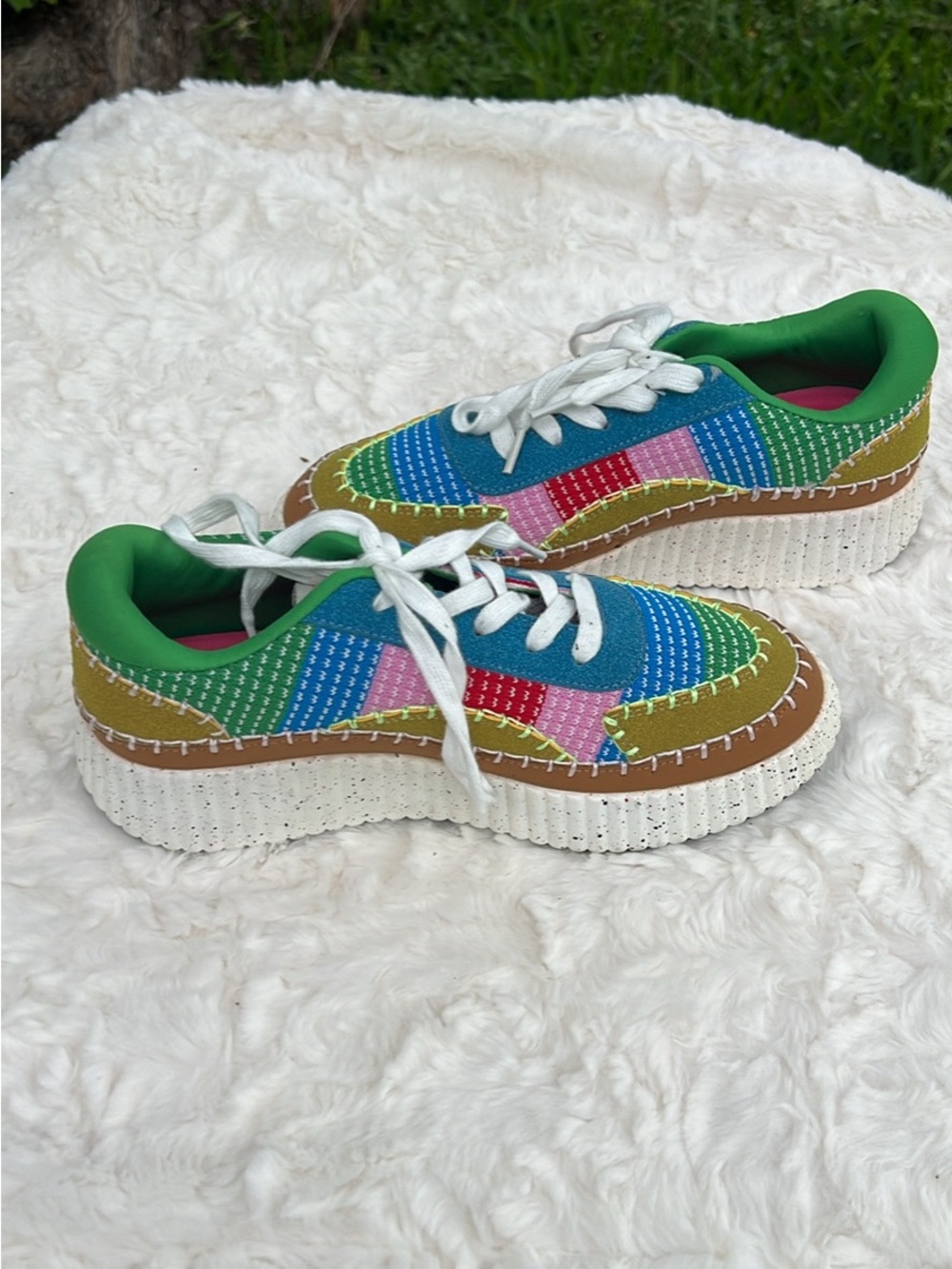 Liliana Rainbow Patchwork Platform Sneakers - Blue Green Pink - Picture 3 of 7